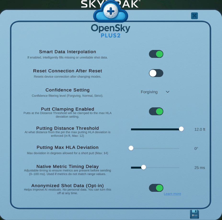 OpenSkyPlus2 Config UI with switches for Smart Data Interpolation, Reset Connection, Confidence, Putt Clamping, thresholds and UI size